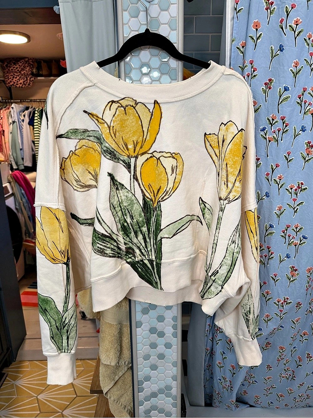 Free People Gaia Sweatshirt Floral Cropped Sweater Cream & Yellow Small
